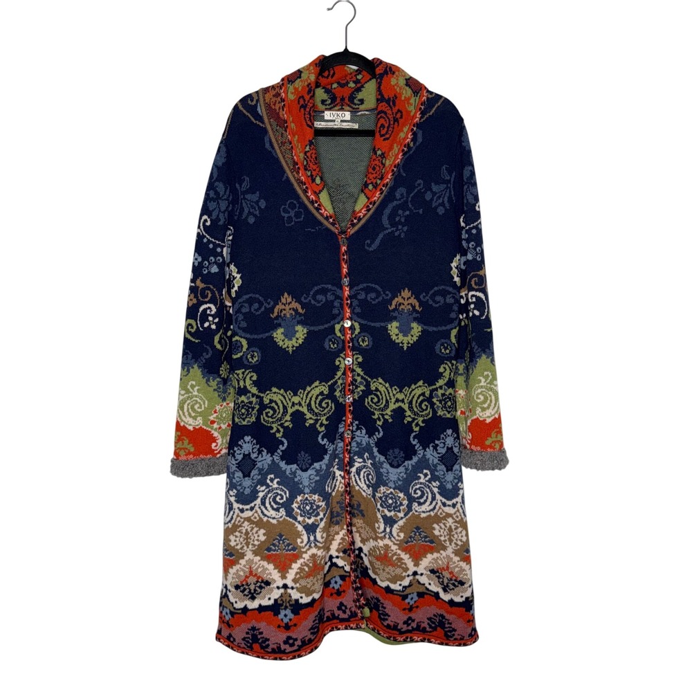IVKO Jacquard Coat Women 42 Marine Blue Wool Renaissance Pattern Excellent
